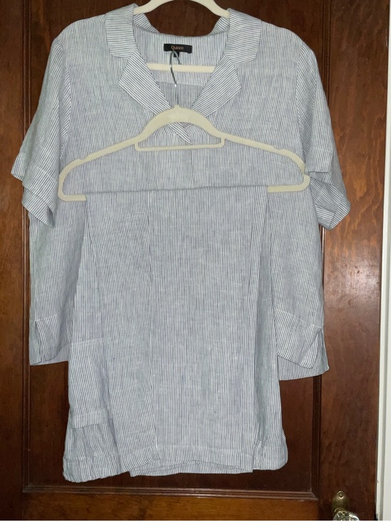 Quince Tops - Quince Blue & White Pinstripe Camp-Collar Short Sleeve Top and matching Pant